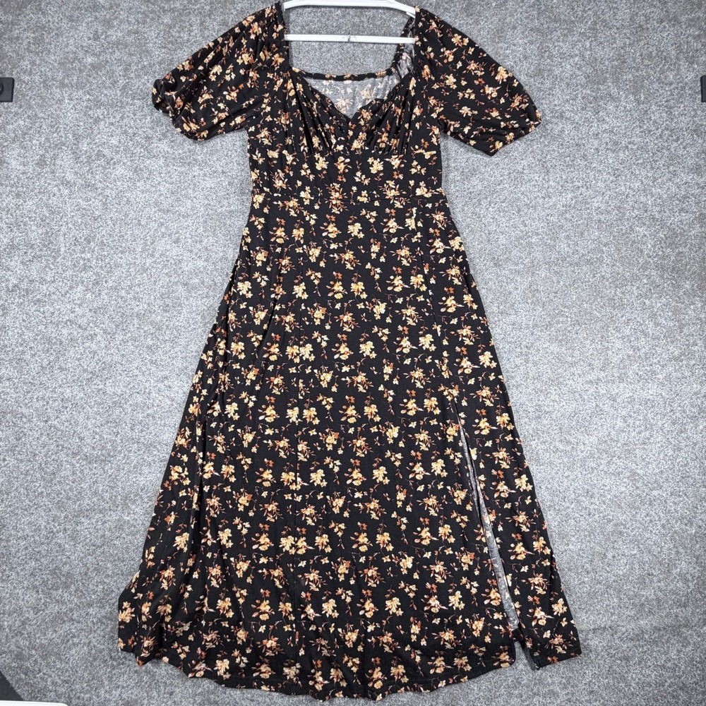 Womens Midi Dress Large Black Brown Floral Puff Sleeve Square Neck Side Slit